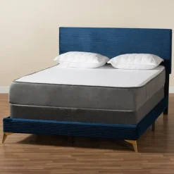 Beds & Headboards-Kirkland's Home Abba Velvet Ribbed Queen Bed Frame Blue