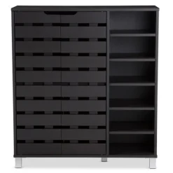 Entryway Furniture-Kirkland's Home Aldrich Black Slatted Shoe Storage Cabinet