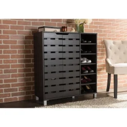 Entryway Furniture-Kirkland's Home Aldrich Black Slatted Shoe Storage Cabinet