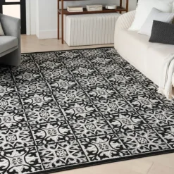 Outdoor Rugs-Kirkland's Home Aloha Black Geometric Indoor/Outdoor Area Rug, 5X7 Black/Gray