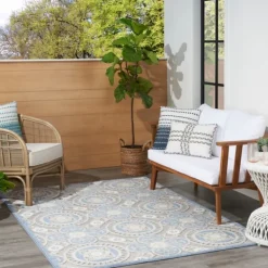 Outdoor Rugs-Kirkland's Home Aloha Blue Medallion Indoor/Outdoor Area Rug, 5X7 Blue/Gray