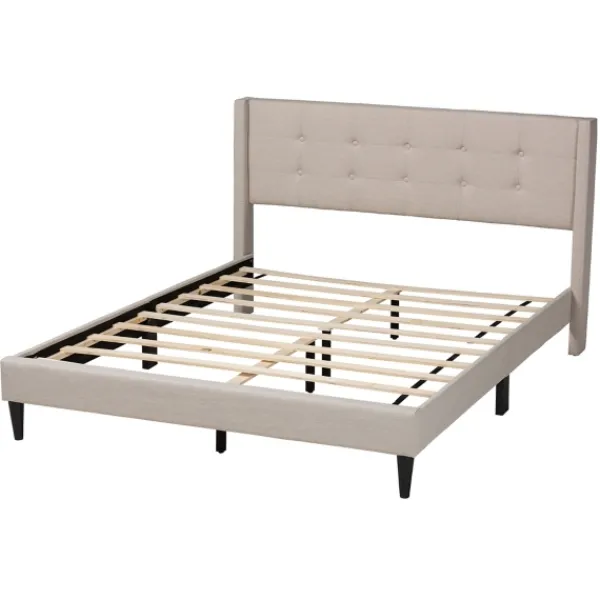 Beds & Headboards-Kirkland's Home Amala Beige Button Tufted Queen Bed Frame Tan