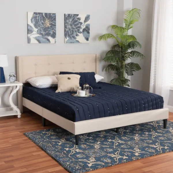Beds & Headboards-Kirkland's Home Amala Beige Button Tufted Queen Bed Frame Tan