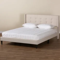 Beds & Headboards-Kirkland's Home Amala Beige Button Tufted Queen Bed Frame Tan