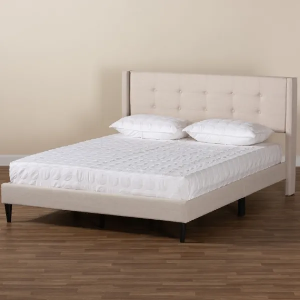 Beds & Headboards-Kirkland's Home Amala Beige Button Tufted Queen Bed Frame Tan