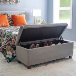 Entryway Furniture-Kirkland's Home Amelia Tufted Shoe Storage Ottoman Bench Gray