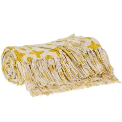 Blankets & Throws-Kirkland's Home And Beige Patterned Fringe Throw Yellow
