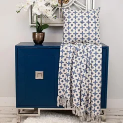 Blankets & Throws-Kirkland's Home And Beige Patterned Fringe Throw Blue