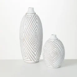 Vases-Kirkland's Home And Gold Ribbed Mod Vases, Set Of 2 White