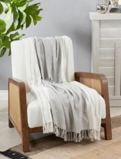 Blankets & Throws-Kirkland's Home And Gray Striped And Fringe Throw Blanket White