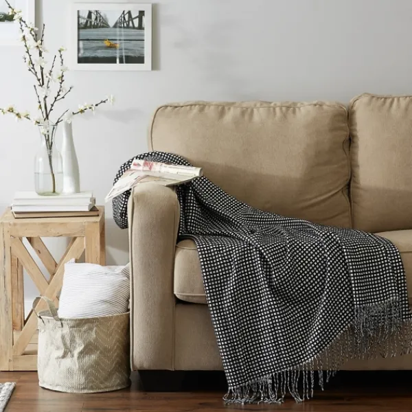 Blankets & Throws-Kirkland's Home And White Waffle Knit Fringe Throw Black