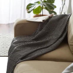 Blankets & Throws-Kirkland's Home And White Waffle Knit Fringe Throw Black