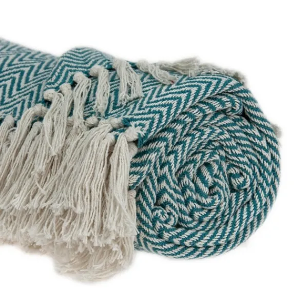 Blankets & Throws-Kirkland's Home Aqua Chevron Cotton Handloomed Tassel Throw Blue