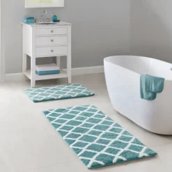 Bathroom Rugs-Kirkland's Home Aqua Geometric Pattern Reversible Bath Mat, 34 In Green/White