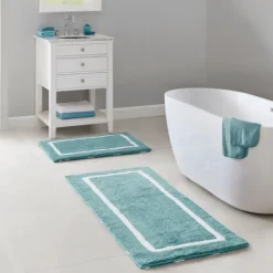 Bathroom Rugs-Kirkland's Home Aqua Geometric Pattern Reversible Bath Mat, 60 In Green/White