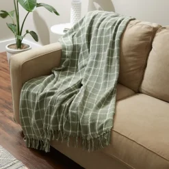 Blankets & Throws-Kirkland's Home Artichoke Plaid Fringed Throw Green