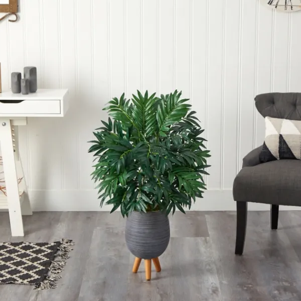 Trees & Topiaries-Kirkland's Home Bamboo Palm With Gray Planter Stand, 3 Ft.