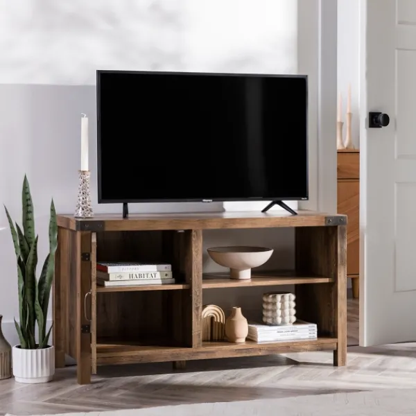 Tv Stands & Media Consoles-Kirkland's Home Barn Door Rustic Oak Tv Stand With Open Shelves Brown