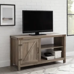 Tv Stands & Media Consoles-Kirkland's Home Barn Door Wash Tv Stand With Open Shelves Gray