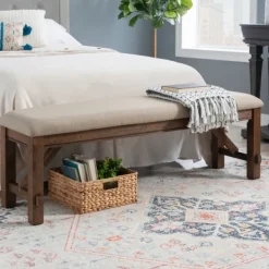 Benches & Ottomans-Kirkland's Home Basketweave Upholstered Wood Bench Tan