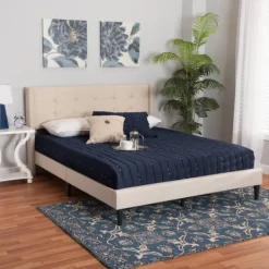 Beds & Headboards-Kirkland's Home Beige Button Tufted Headboard Full Platform Bed Tan