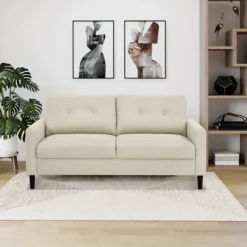 Sofas & Loveseats-Kirkland's Home Beige Button Tufted Sofa Ivory