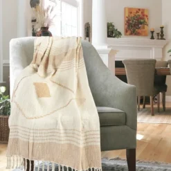 Blankets & Throws-Kirkland's Home Beige Cotton Diamond Geometric Fringe Throw Tan