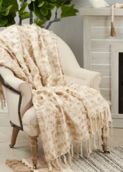 Blankets & Throws-Kirkland's Home Beige Dotted Fringe Throw Blanket Tan