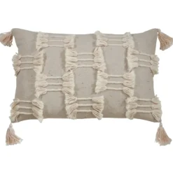 Pillows-Kirkland's Home Beige Frayed Tassel Lumbar Pillow Tan/White