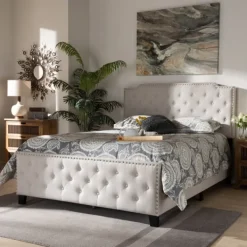 Beds & Headboards-Kirkland's Home Beige Upholstered Button Tufted King Panel Bed Ivory