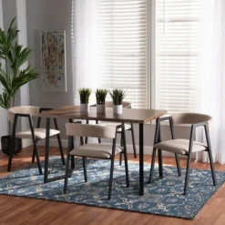 Dining Tables-Kirkland's Home Beige Upholstered Metal Frame 5-Pc. Dining Set Tan