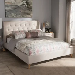 Beds & Headboards-Kirkland's Home Beige Upholstered Wingback Queen Platform Bed Ivory