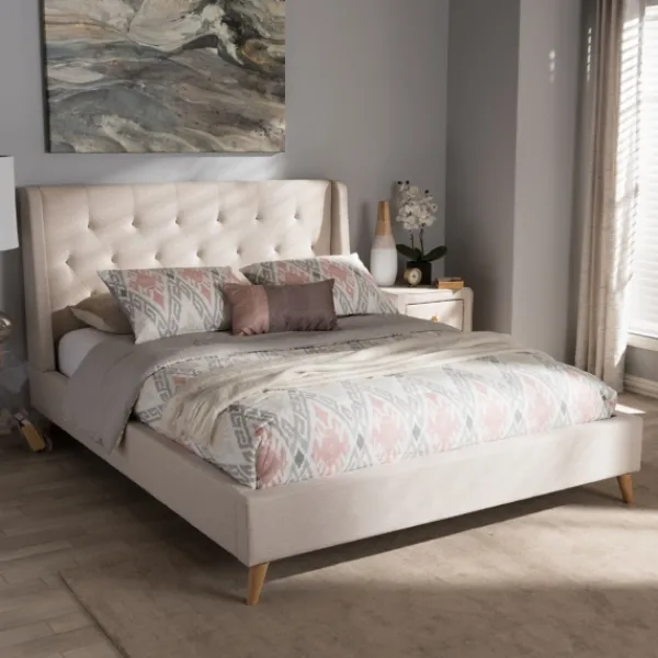 Beds & Headboards-Kirkland's Home Beige Upholstered Wingback Queen Platform Bed Ivory