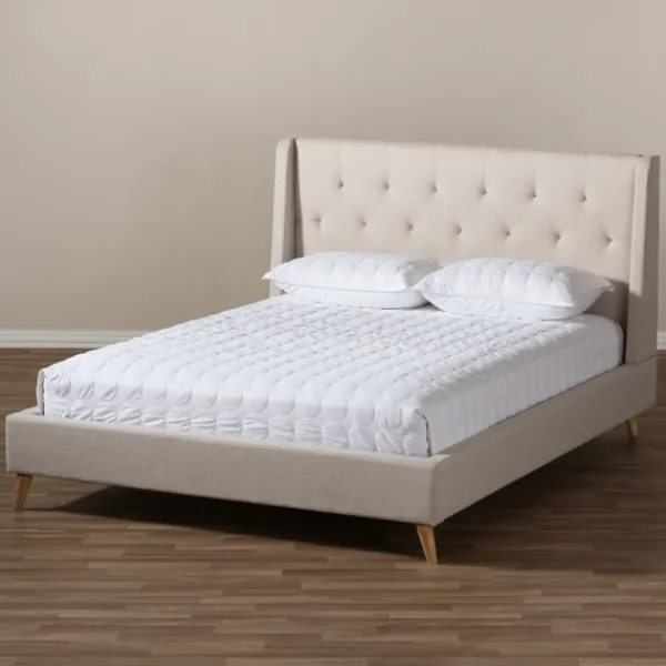 Beds & Headboards-Kirkland's Home Beige Upholstered Wingback Queen Platform Bed Ivory