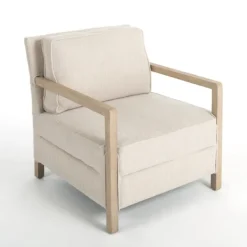 Accent Chairs-Kirkland's Home Beige Upholstered Wood Arm Accent Chair Tan