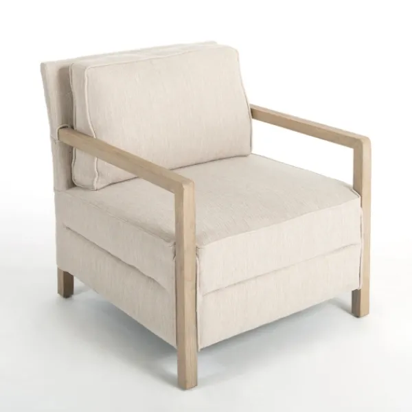 Accent Chairs-Kirkland's Home Beige Upholstered Wood Arm Accent Chair Tan