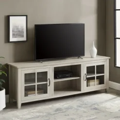 Tv Stands & Media Consoles-Kirkland's Home Birch Wood And Glass Door Tv Stand White