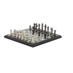 Statues & Figurines-Kirkland's Home Black And Gray Beveled Board Aluminum Chess Set Black/Gray