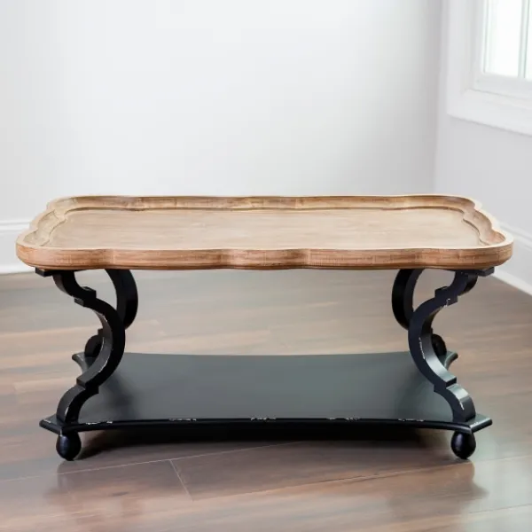 Coffee Tables-Kirkland's Home Black And Natural Corina Scalloped Coffee Table Black/Tan