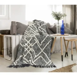 Blankets & Throws-Kirkland's Home Black And White Cotton Geometric Tufted Throw Black/White