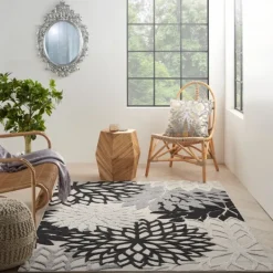 Outdoor Rugs-Kirkland's Home Black And White Floral Outdoor Area Rug, 5X7 Black/White