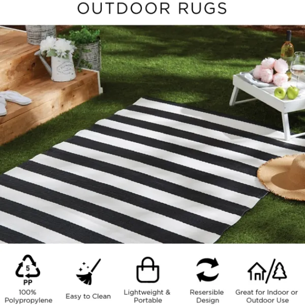 Outdoor Rugs-Kirkland's Home Black And White Rugby Stripe Outdoor Area Rug, 5X8 Black/White