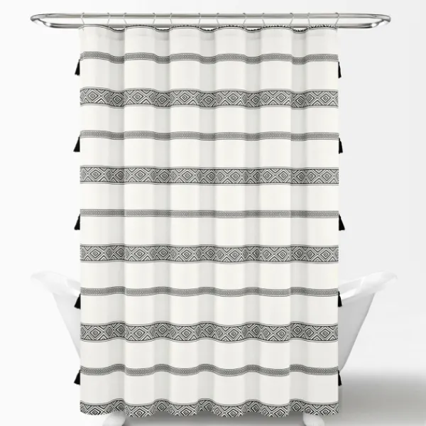 Shower Curtains-Kirkland's Home Black And White Striped Boho Shower Curtain Blue/White