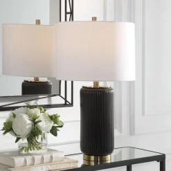 Table Lamps-Kirkland's Home Black Ceramic Ribbed Table Lamp White