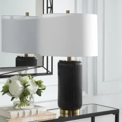 Table Lamps-Kirkland's Home Black Ceramic Ribbed Table Lamp White