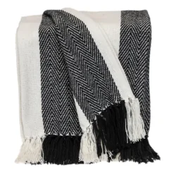 Blankets & Throws-Kirkland's Home Black Chalet Striped Fringe Throw Black/White