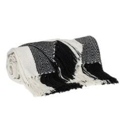 Blankets & Throws-Kirkland's Home Black Chalet Striped Fringe Throw Black/White