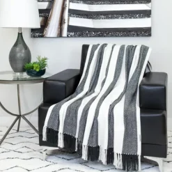 Blankets & Throws-Kirkland's Home Black Chalet Striped Fringe Throw Black/White