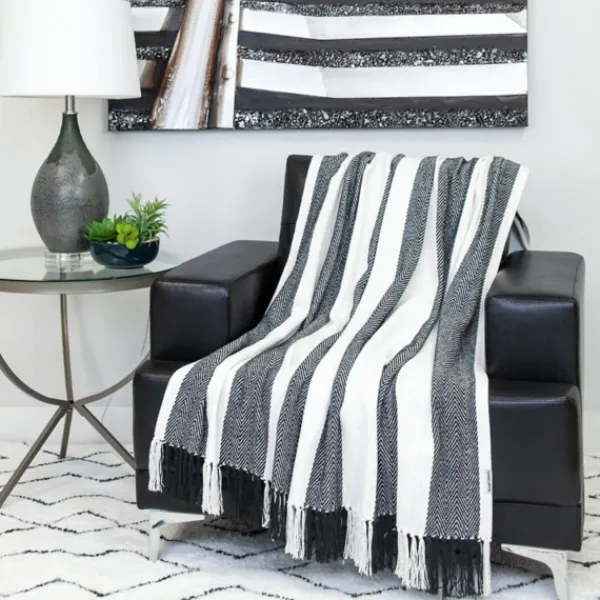 Blankets & Throws-Kirkland's Home Black Chalet Striped Fringe Throw Black/White