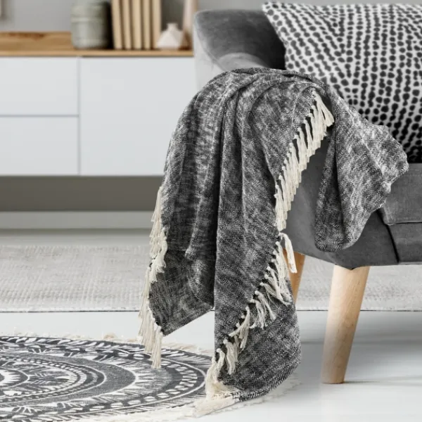 Blankets & Throws-Kirkland's Home Black Chambray Fringe Throw Black/White